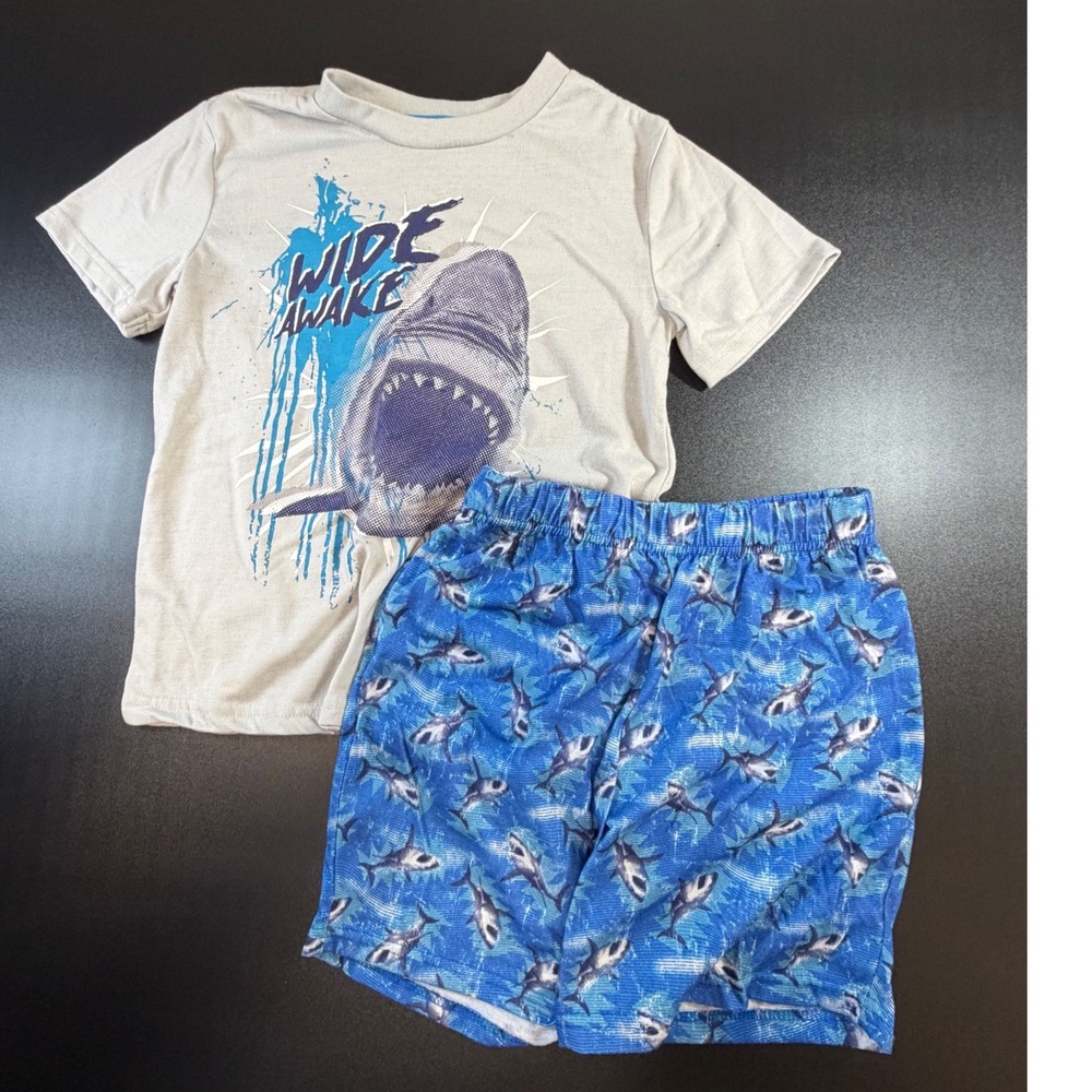Sleep On It Boys Shark Pajama Set Grey Blue Wide Awake Short Sleeve M 8/10 K14